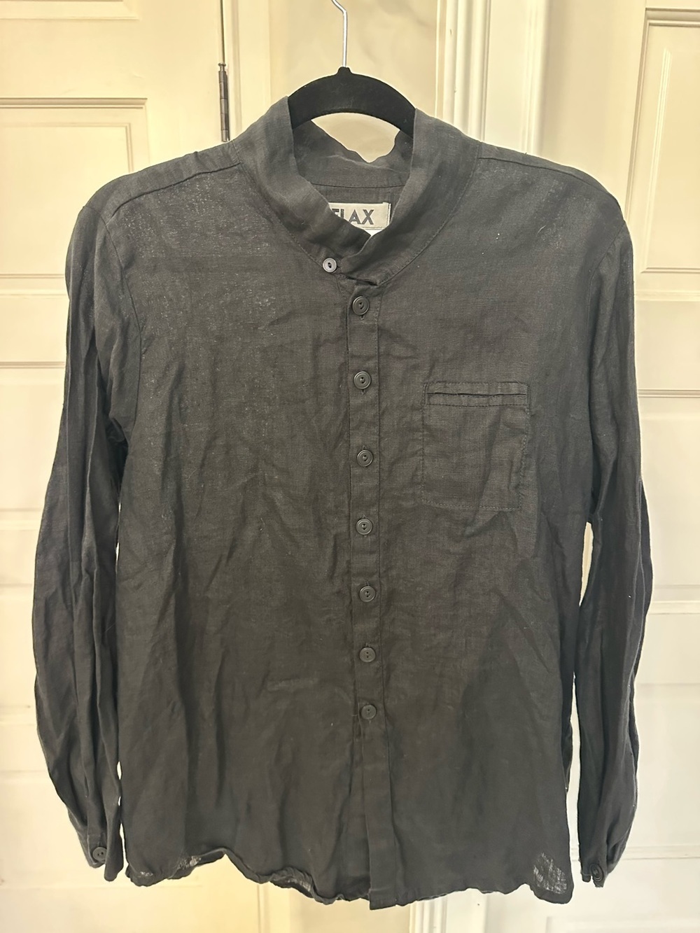 FLAX Designs 100% Linen Blouse Button Down Loop Collar Shirt Black Sz Small EUC